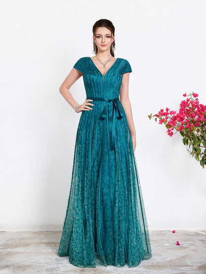 New Arrival,V-Neck, Printed Mesh, Airplane Sleeves, Tie, Long Skirt With A Big Swing, High-End, Evening Dress,Summer,Festival For Women