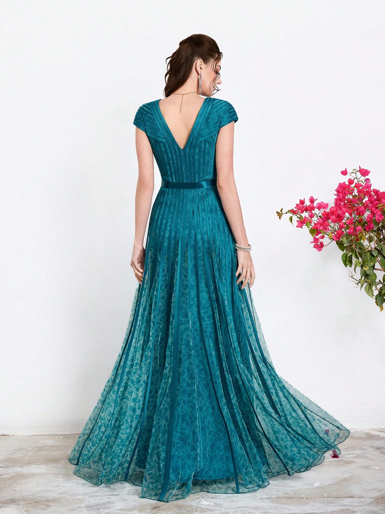New Arrival,V-Neck, Printed Mesh, Airplane Sleeves, Tie, Long Skirt With A Big Swing, High-End, Evening Dress,Summer,Festival For Women