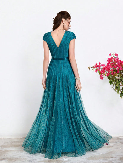 New Arrival,V-Neck, Printed Mesh, Airplane Sleeves, Tie, Long Skirt With A Big Swing, High-End, Evening Dress,Summer,Festival For Women