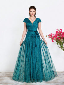 New Arrival,V-Neck, Printed Mesh, Airplane Sleeves, Tie, Long Skirt With A Big Swing, High-End, Evening Dress,Summer,Festival For Women