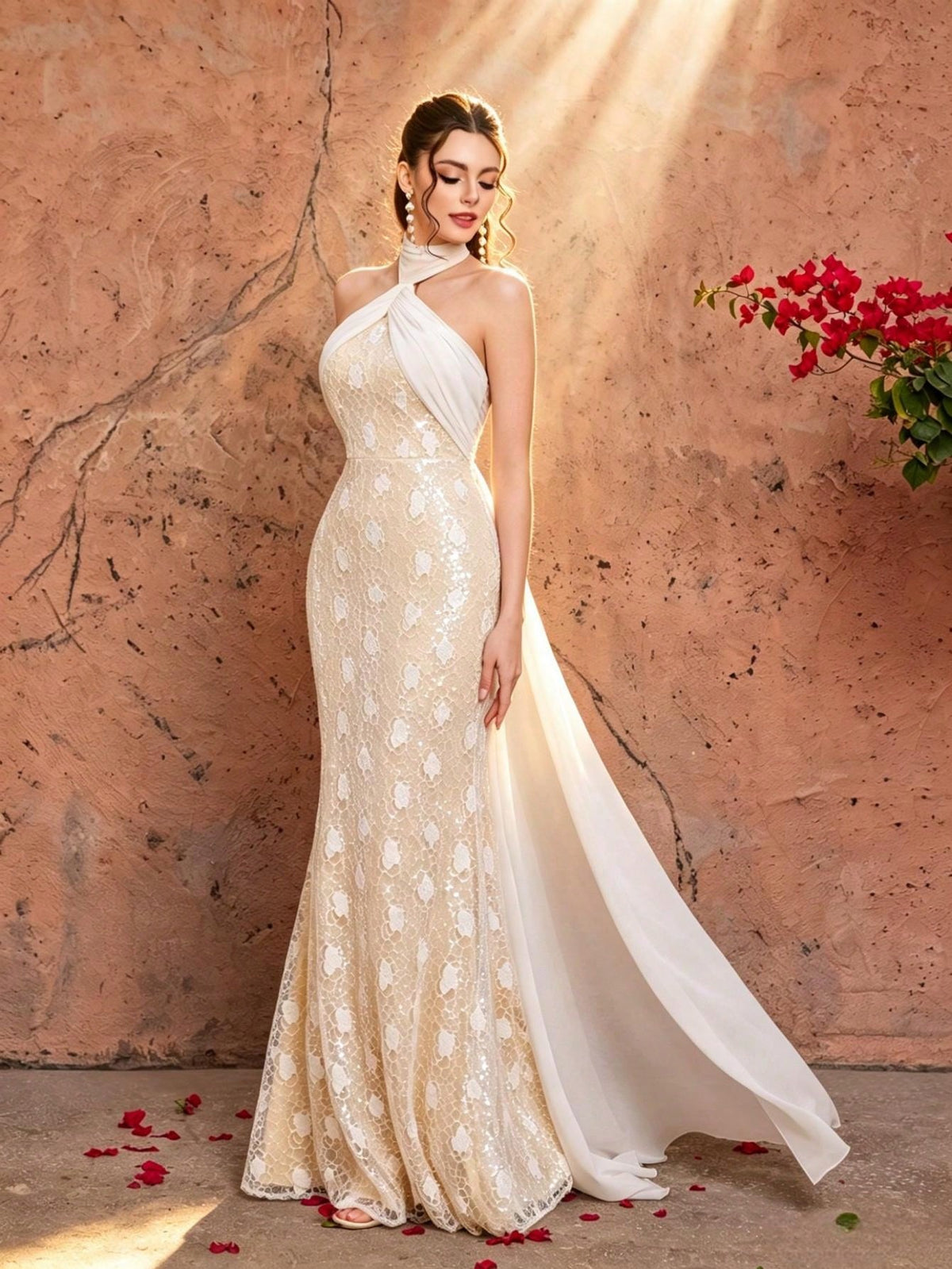 White Halter Neck Floral Lace Mermaid Gown With Chiffon Overlay,Elegant Women's Fall Winter Prom Bridal Evening With Sparkle For Party Festival