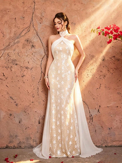 White Halter Neck Floral Lace Mermaid Gown With Chiffon Overlay,Elegant Women's Fall Winter Prom Bridal Evening With Sparkle For Party Festival