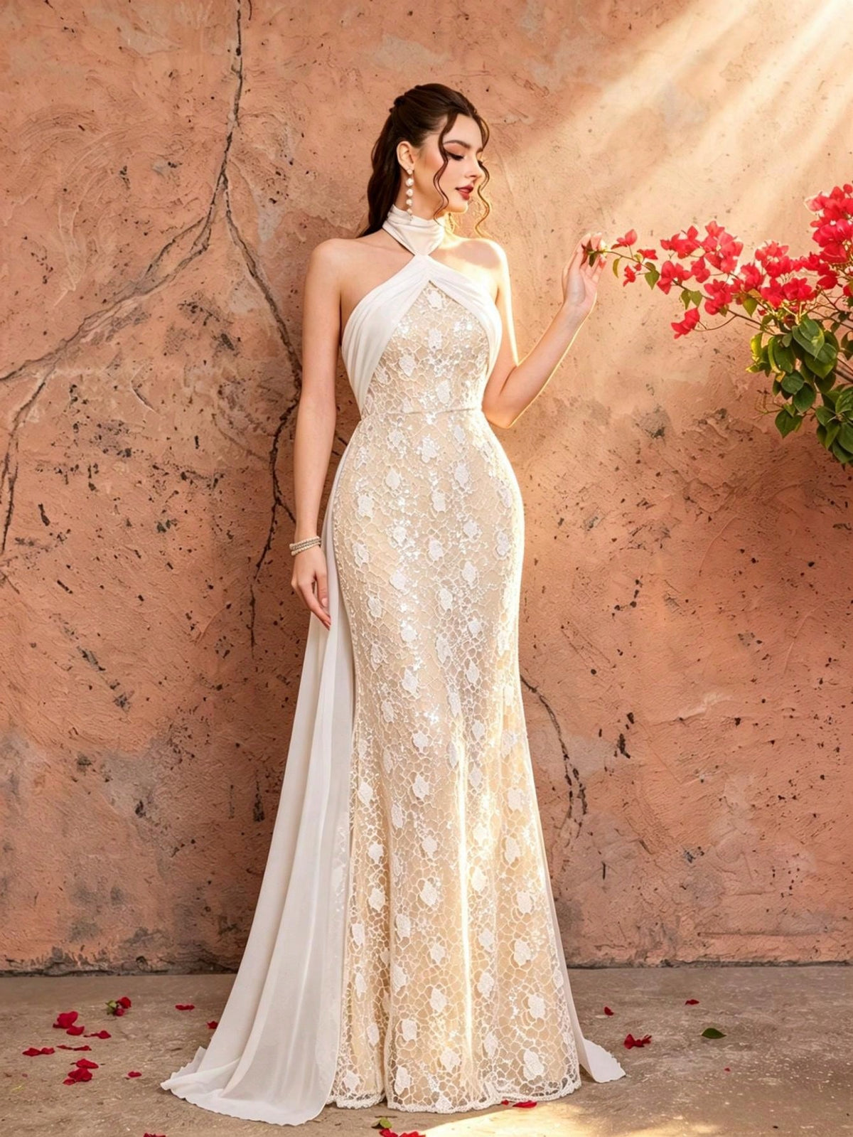 White Halter Neck Floral Lace Mermaid Gown With Chiffon Overlay,Elegant Women's Fall Winter Prom Bridal Evening With Sparkle For Party Festival