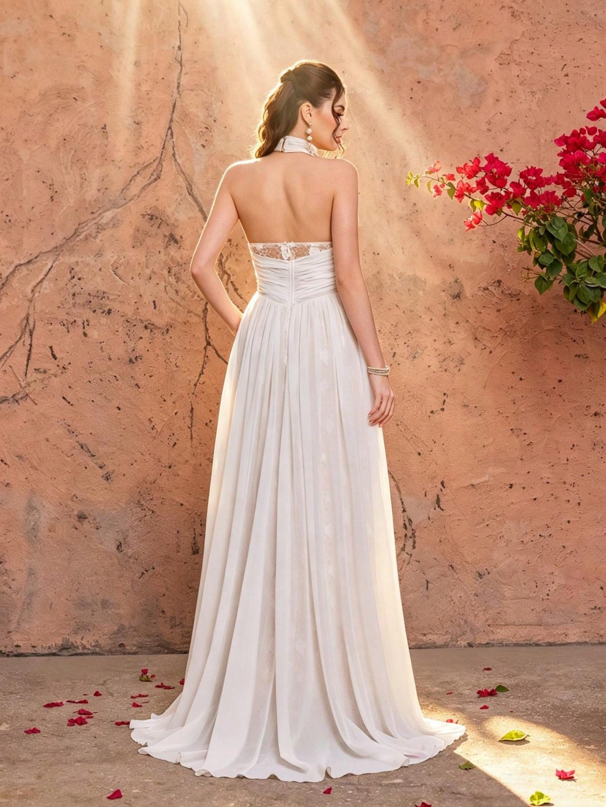 White Halter Neck Floral Lace Mermaid Gown With Chiffon Overlay,Elegant Women's Fall Winter Prom Bridal Evening With Sparkle For Party Festival