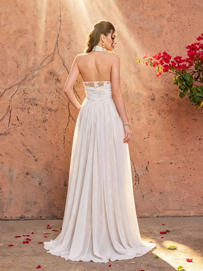 White Halter Neck Floral Lace Mermaid Gown With Chiffon Overlay,Elegant Women's Fall Winter Prom Bridal Evening With Sparkle For Party Festival