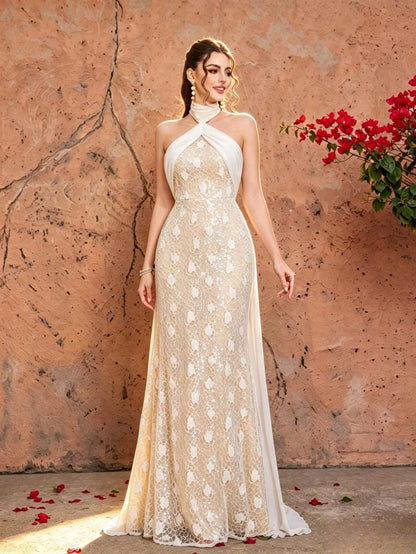 White Halter Neck Floral Lace Mermaid Gown With Chiffon Overlay,Elegant Women's Fall Winter Prom Bridal Evening With Sparkle For Party Festival