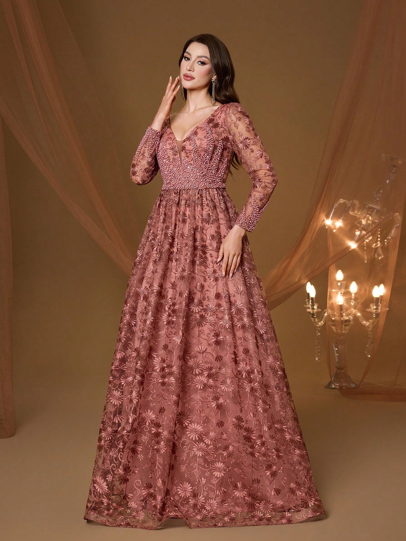 Coffee Floral Embroidery V-Neck Long Sleeve Dress, Elegant Ladies Summer Gown Suitable For Balls, Galas, Parties And Holidays