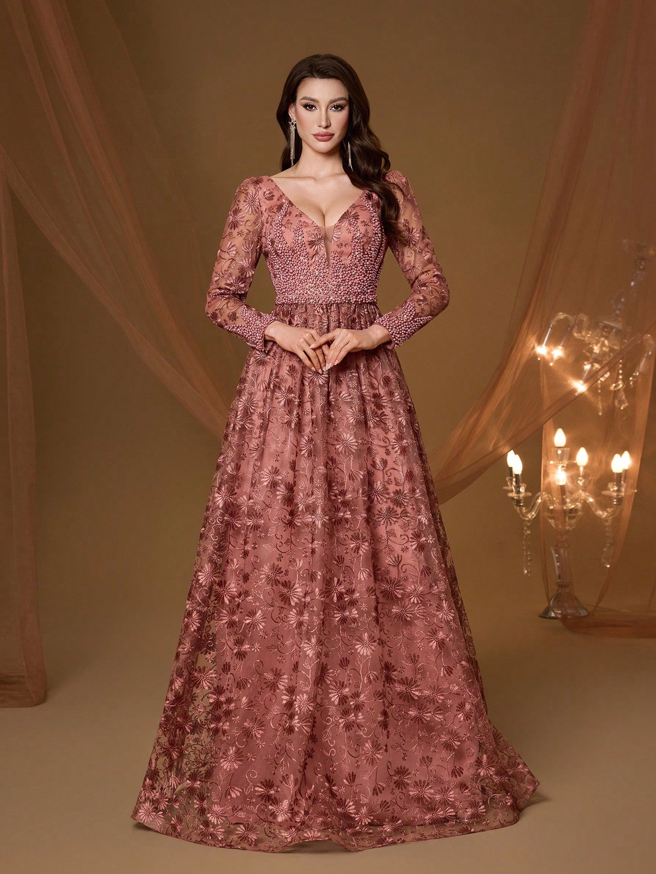 Coffee Floral Embroidery V-Neck Long Sleeve Dress, Elegant Ladies Summer Gown Suitable For Balls, Galas, Parties And Holidays