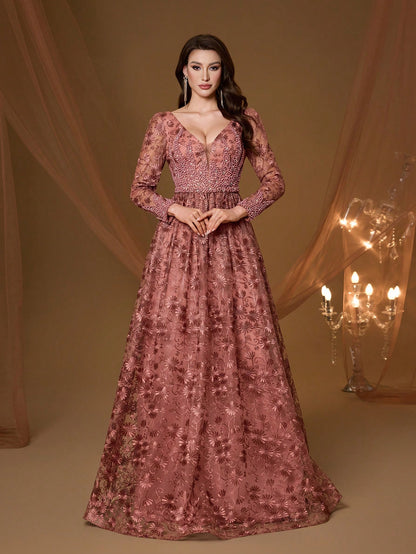 Coffee Floral Embroidery V-Neck Long Sleeve Dress, Elegant Ladies Summer Gown Suitable For Balls, Galas, Parties And Holidays