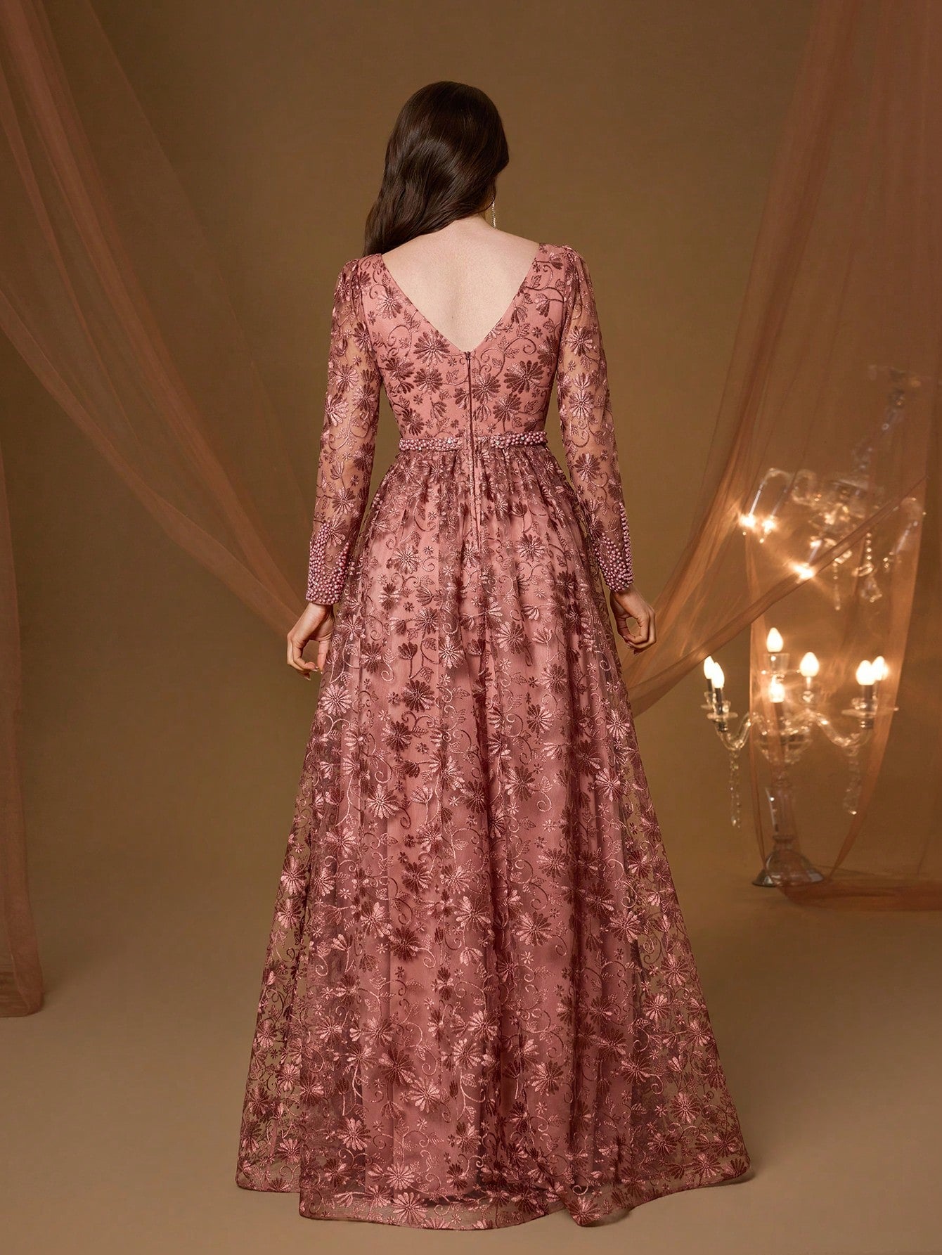 Coffee Floral Embroidery V-Neck Long Sleeve Dress, Elegant Ladies Summer Gown Suitable For Balls, Galas, Parties And Holidays