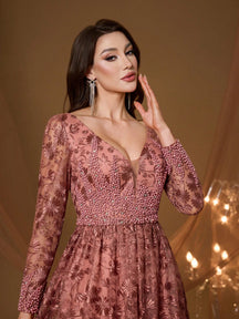 Coffee Floral Embroidery V-Neck Long Sleeve Dress, Elegant Ladies Summer Gown Suitable For Balls, Galas, Parties And Holidays