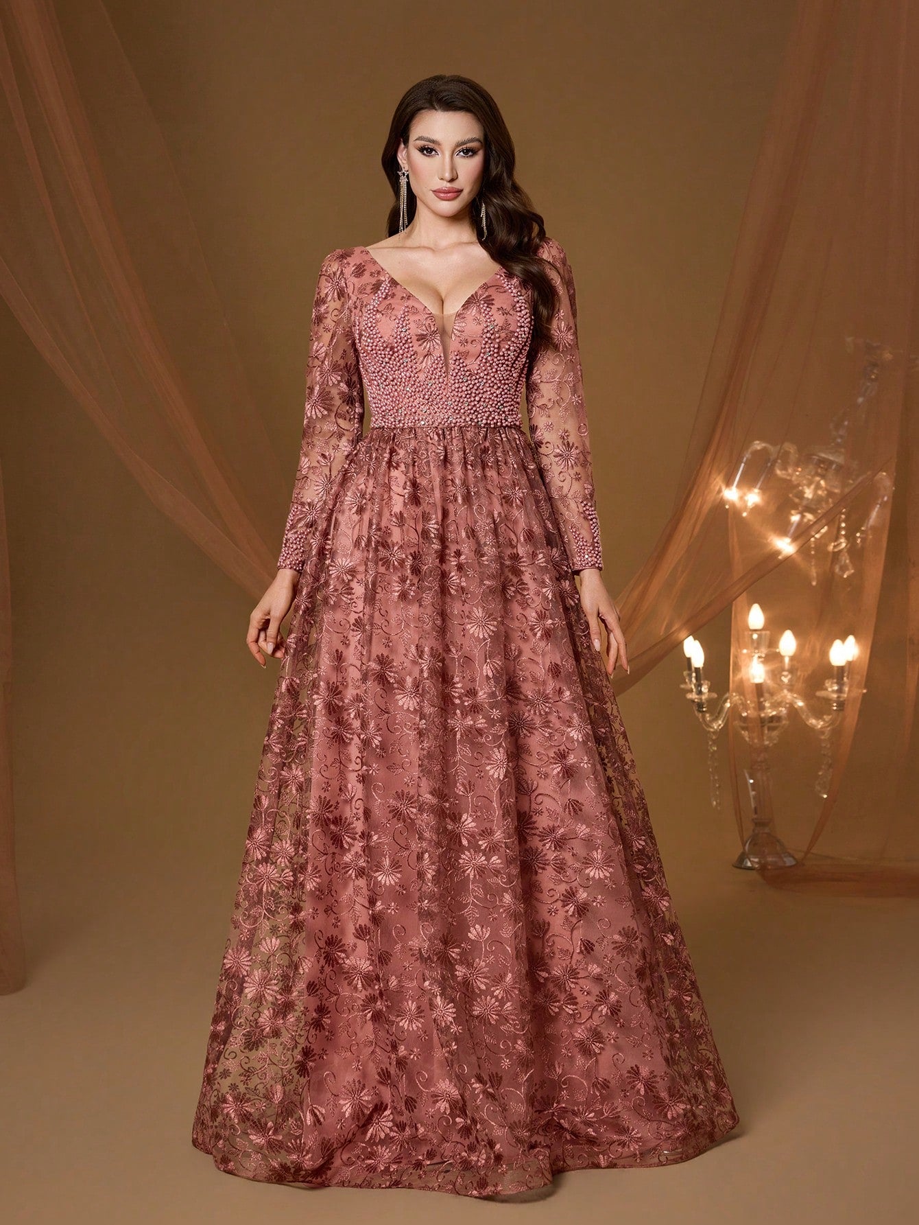 Coffee Floral Embroidery V-Neck Long Sleeve Dress, Elegant Ladies Summer Gown Suitable For Balls, Galas, Parties And Holidays