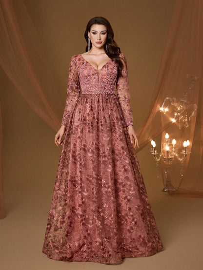 Coffee Floral Embroidery V-Neck Long Sleeve Dress, Elegant Ladies Summer Gown Suitable For Balls, Galas, Parties And Holidays