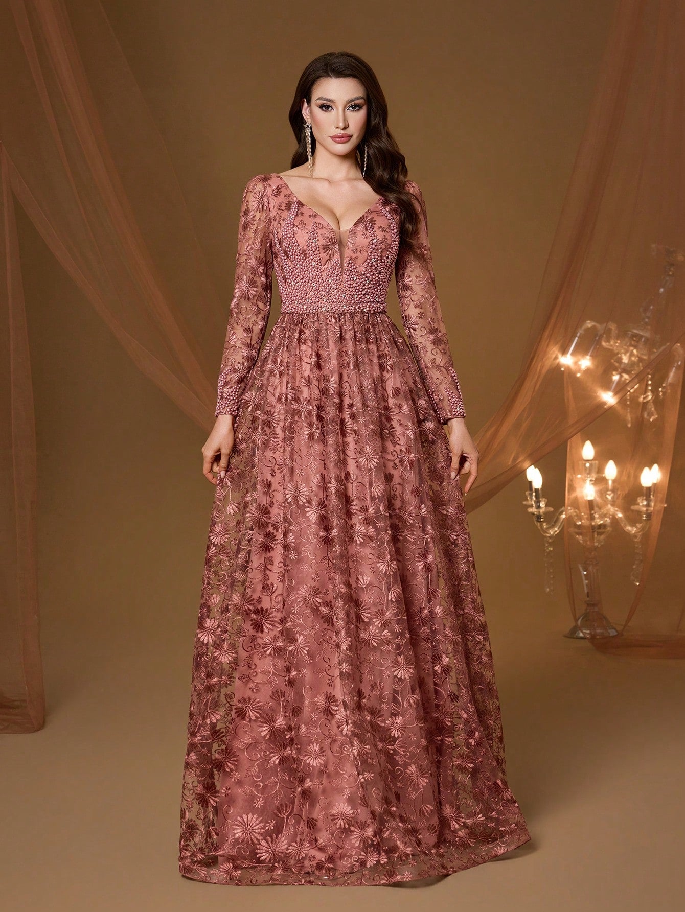 Coffee Floral Embroidery V-Neck Long Sleeve Dress, Elegant Ladies Summer Gown Suitable For Balls, Galas, Parties And Holidays