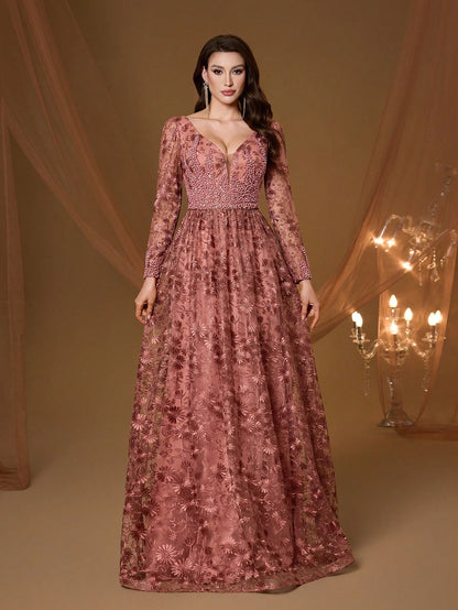 Coffee Floral Embroidery V-Neck Long Sleeve Dress, Elegant Ladies Summer Gown Suitable For Balls, Galas, Parties And Holidays
