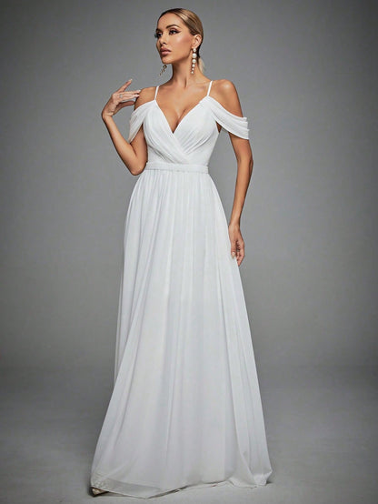 Cold Shoulder Maxi Chiffon Wedding Dress White Elegant Bridal Dress, Bride Spring