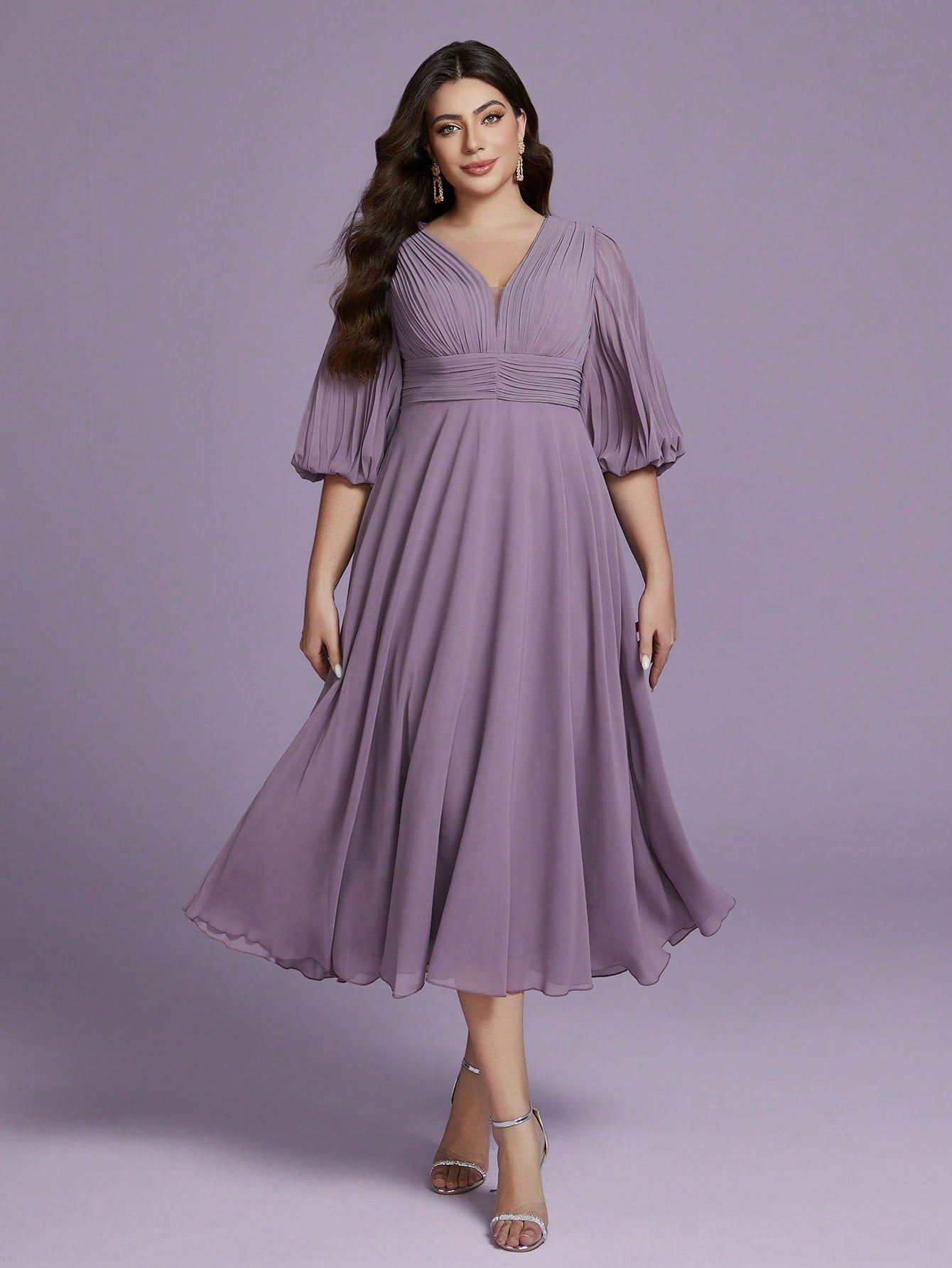Plus Size Chiffon V-Neck Puff Sleeve Pleated Waist A-Line Midi Dress For Women Summer Wedding, Prom, Party, Vacation & Festival