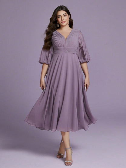 Plus Size Chiffon V-Neck Puff Sleeve Pleated Waist A-Line Midi Dress For Women Summer Wedding, Prom, Party, Vacation & Festival