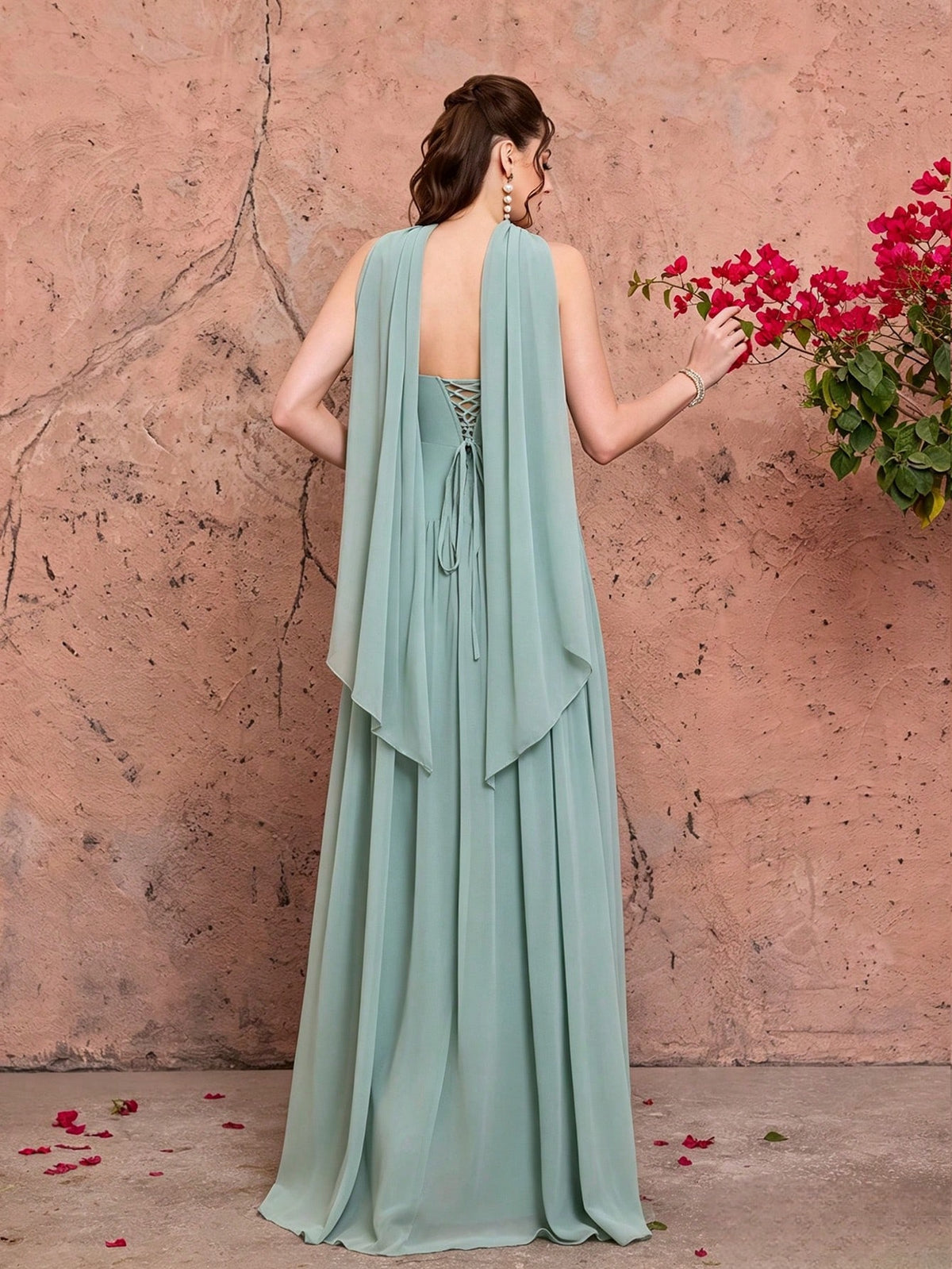 Summer Elegant Strapless Heart-Shaped Neckline Chiffon Maxi Dress, Sheer Lace Waist Bodice, Strapless Shawl, Suitable For Wedding Party Holiday Autumn