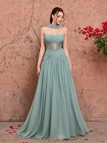 Summer Elegant Strapless Heart-Shaped Neckline Chiffon Maxi Dress, Sheer Lace Waist Bodice, Strapless Shawl, Suitable For Wedding Party Holiday Autumn