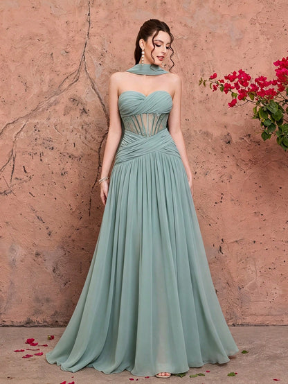 Summer Elegant Strapless Heart-Shaped Neckline Chiffon Maxi Dress, Sheer Lace Waist Bodice, Strapless Shawl, Suitable For Wedding Party Holiday Autumn