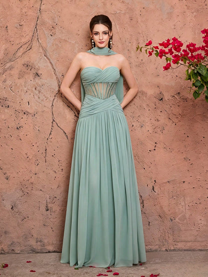 Summer Elegant Strapless Heart-Shaped Neckline Chiffon Maxi Dress, Sheer Lace Waist Bodice, Strapless Shawl, Suitable For Wedding Party Holiday Autumn