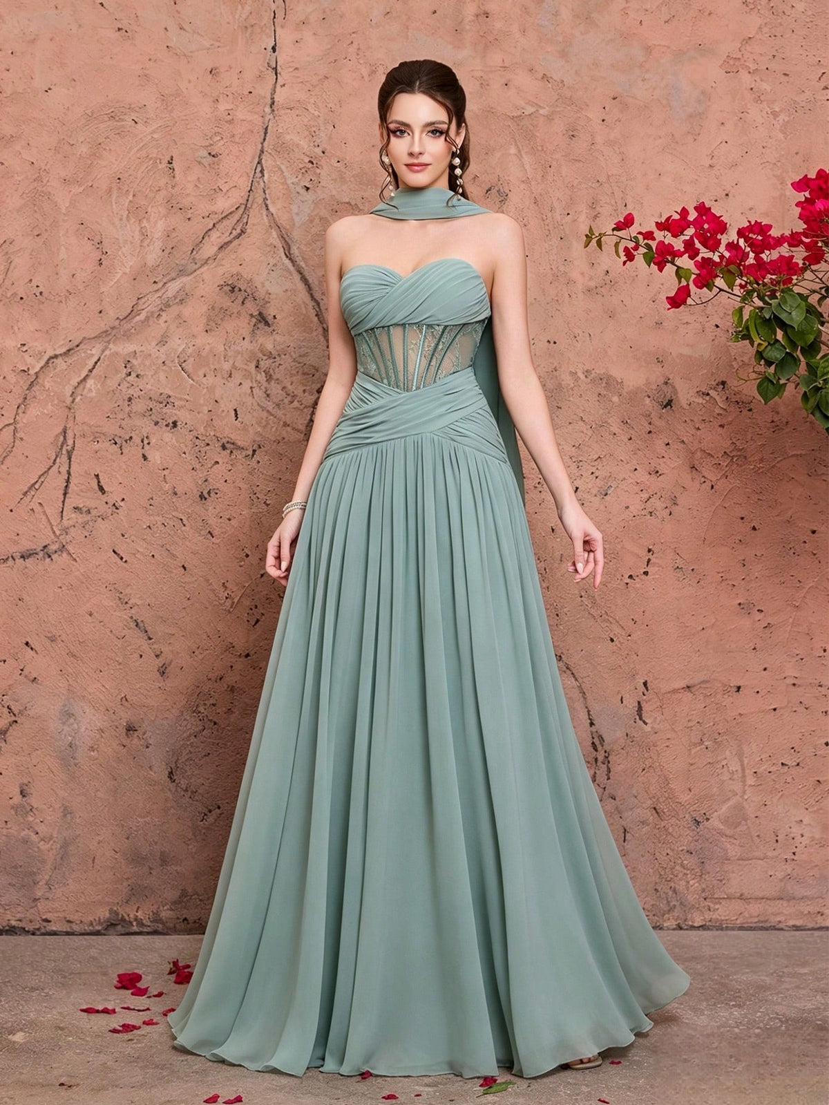 Summer Elegant Strapless Heart-Shaped Neckline Chiffon Maxi Dress, Sheer Lace Waist Bodice, Strapless Shawl, Suitable For Wedding Party Holiday Autumn