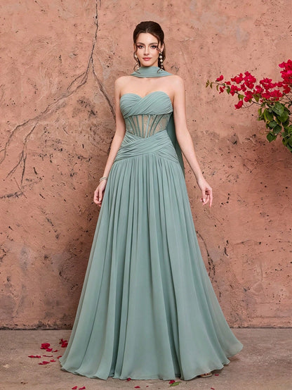 Summer Elegant Strapless Heart-Shaped Neckline Chiffon Maxi Dress, Sheer Lace Waist Bodice, Strapless Shawl, Suitable For Wedding Party Holiday Autumn
