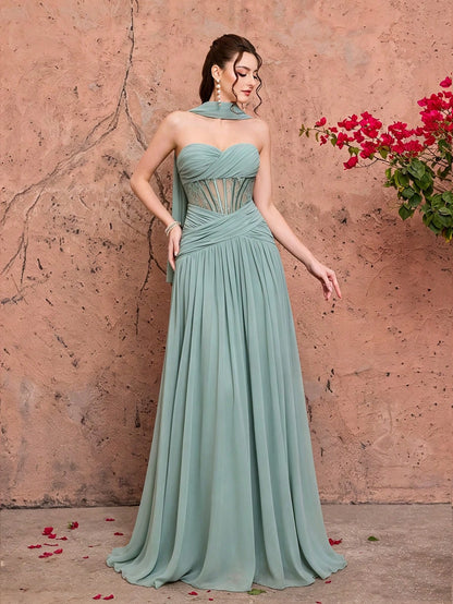 Summer Elegant Strapless Heart-Shaped Neckline Chiffon Maxi Dress, Sheer Lace Waist Bodice, Strapless Shawl, Suitable For Wedding Party Holiday Autumn