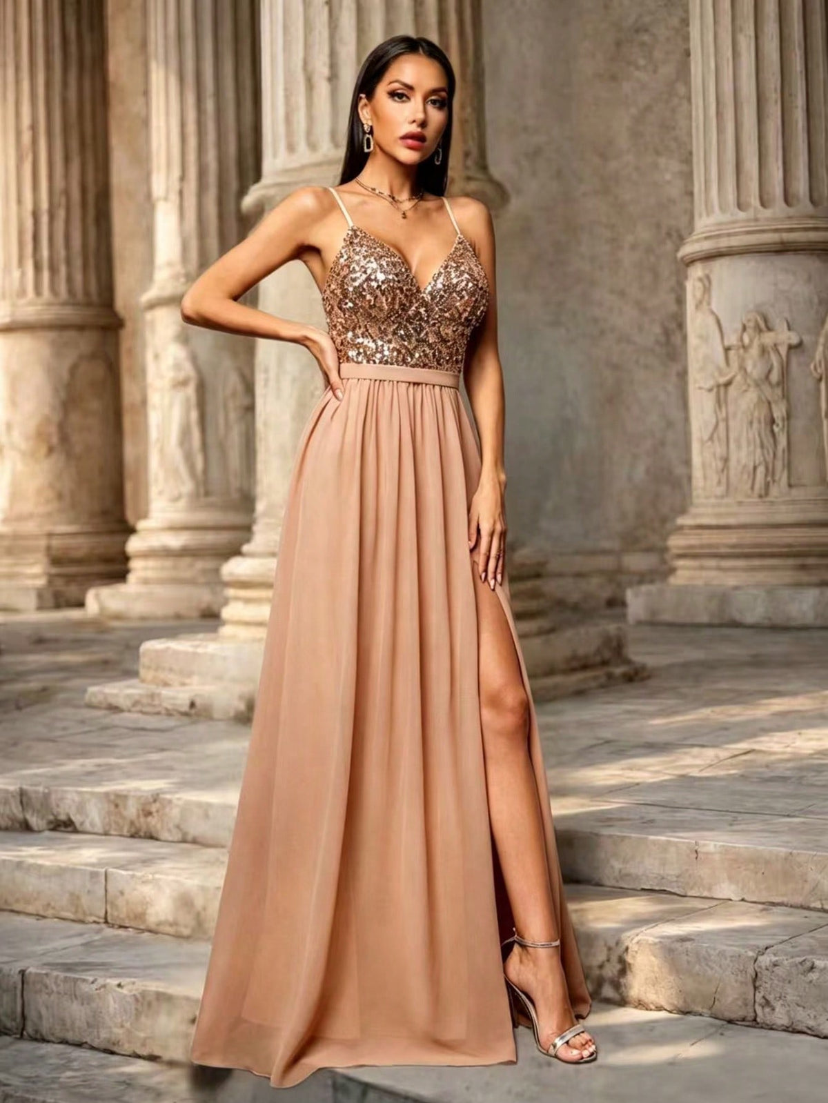 Women's Elegant Sequin Chiffon Spaghetti Strap V-Neck Slit A-Line Dress Party Wedding