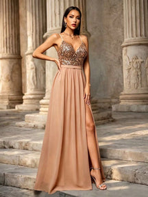 Women's Elegant Sequin Chiffon Spaghetti Strap V-Neck Slit A-Line Dress Party Wedding