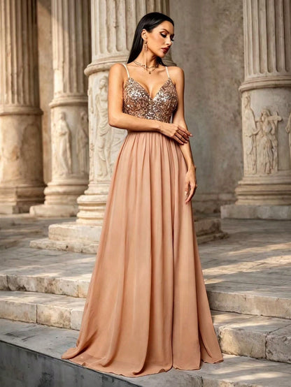 Women's Elegant Sequin Chiffon Spaghetti Strap V-Neck Slit A-Line Dress Party Wedding