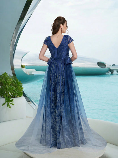 Elegant Royal Blue Floral Tulle V-Neck Cap Sleeve Sash Tie A-Line Train Maxi Dress For Women Summer Wedding, Prom, Party, Vacation & Festival