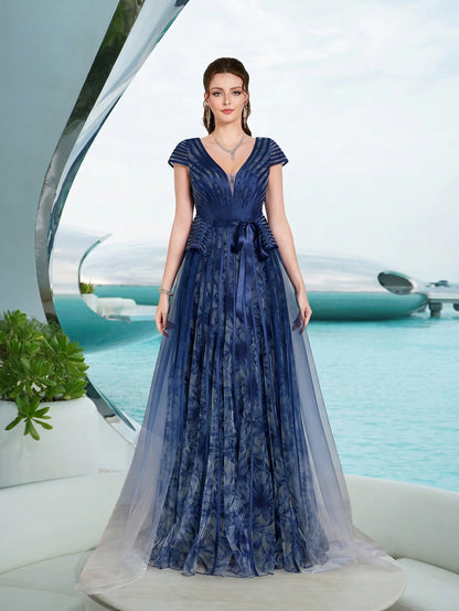 Elegant Royal Blue Floral Tulle V-Neck Cap Sleeve Sash Tie A-Line Train Maxi Dress For Women Summer Wedding, Prom, Party, Vacation & Festival