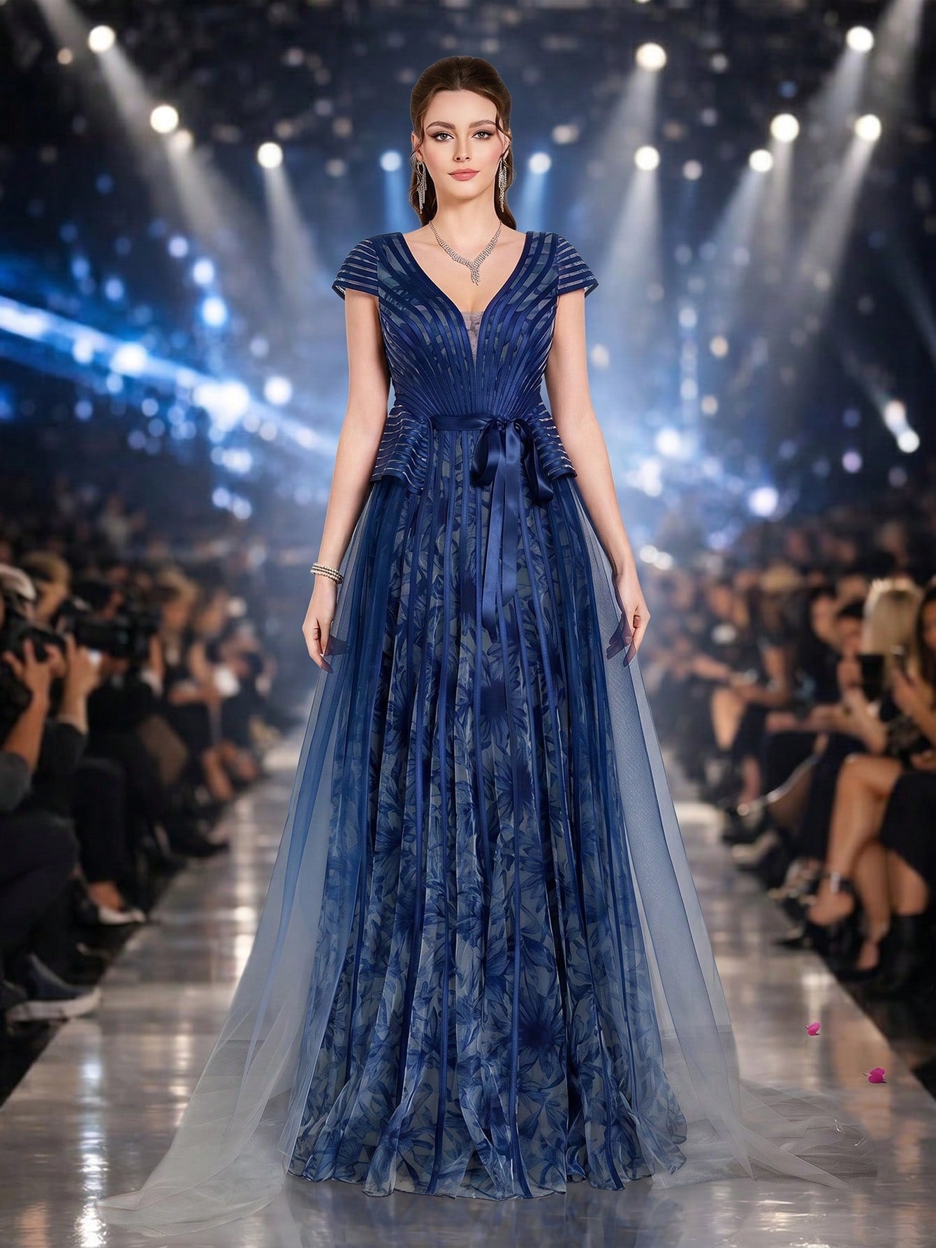 Elegant Royal Blue Floral Tulle V-Neck Cap Sleeve Sash Tie A-Line Train Maxi Dress For Women Summer Wedding, Prom, Party, Vacation & Festival