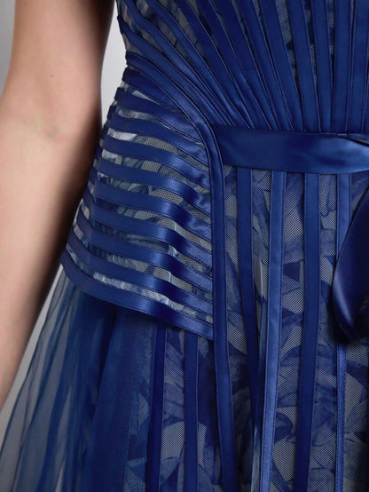Elegant Royal Blue Floral Tulle V-Neck Cap Sleeve Sash Tie A-Line Train Maxi Dress For Women Summer Wedding, Prom, Party, Vacation & Festival