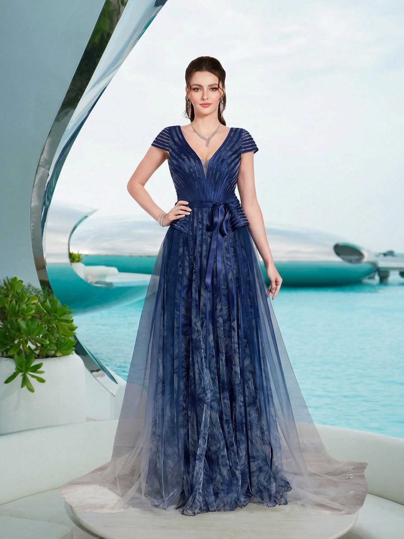 Elegant Royal Blue Floral Tulle V-Neck Cap Sleeve Sash Tie A-Line Train Maxi Dress For Women Summer Wedding, Prom, Party, Vacation & Festival