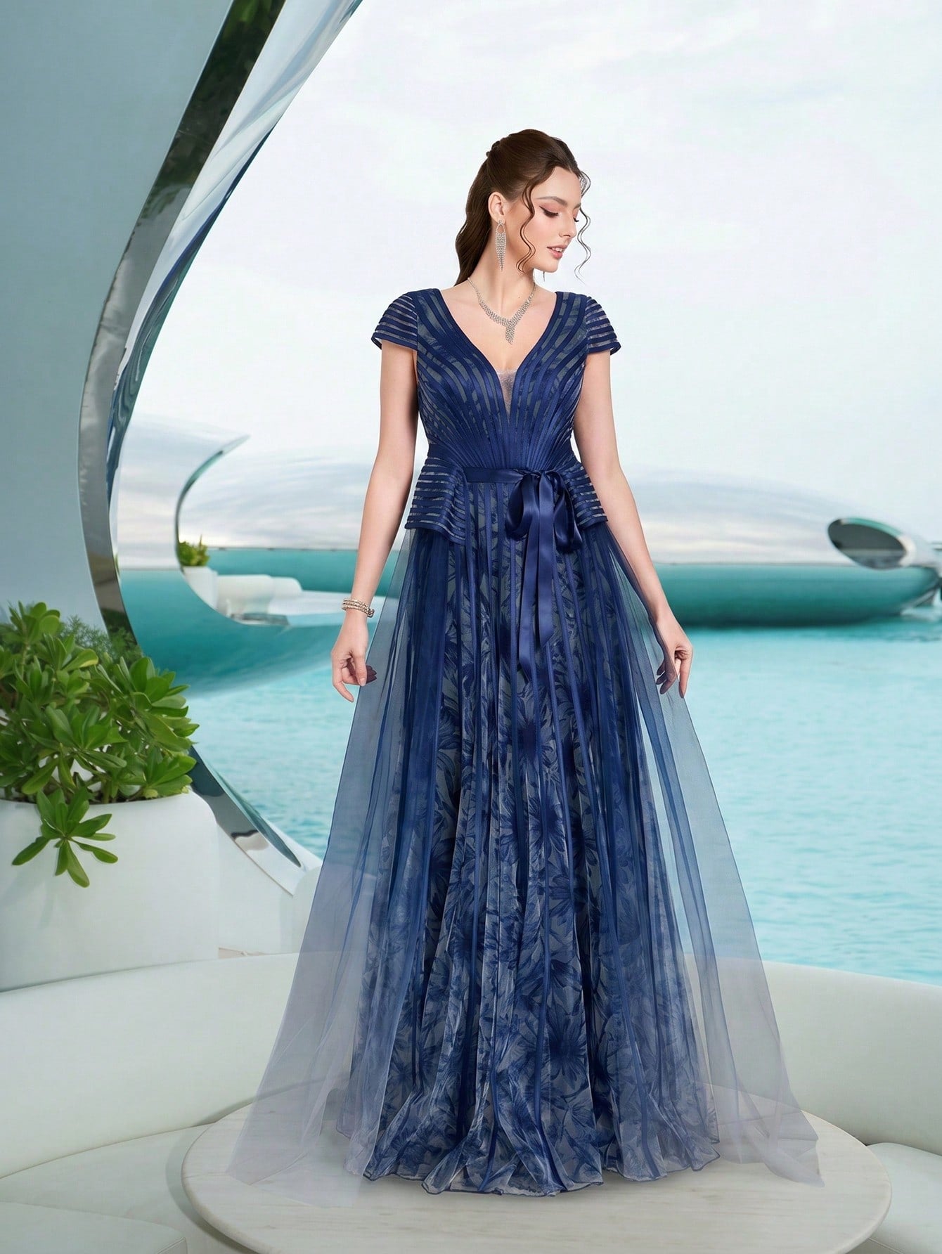 Elegant Royal Blue Floral Tulle V-Neck Cap Sleeve Sash Tie A-Line Train Maxi Dress For Women Summer Wedding, Prom, Party, Vacation & Festival