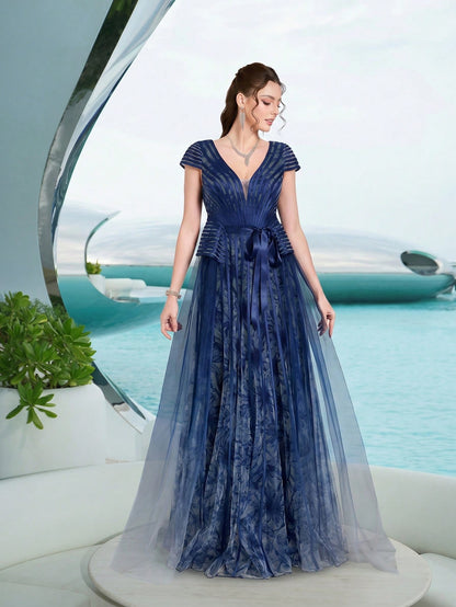 Elegant Royal Blue Floral Tulle V-Neck Cap Sleeve Sash Tie A-Line Train Maxi Dress For Women Summer Wedding, Prom, Party, Vacation & Festival