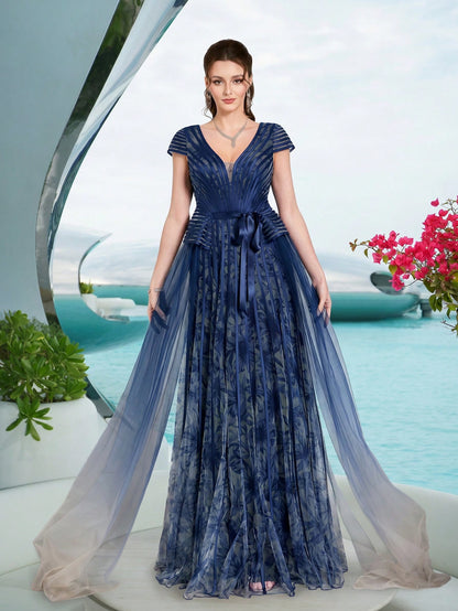 Elegant Royal Blue Floral Tulle V-Neck Cap Sleeve Sash Tie A-Line Train Maxi Dress For Women Summer Wedding, Prom, Party, Vacation & Festival