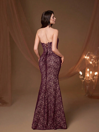Elegant Strapless Corset Fitted Mermaid Evening Gown, Formal Wedding Guest Ball Party Holiday Outfit Fall