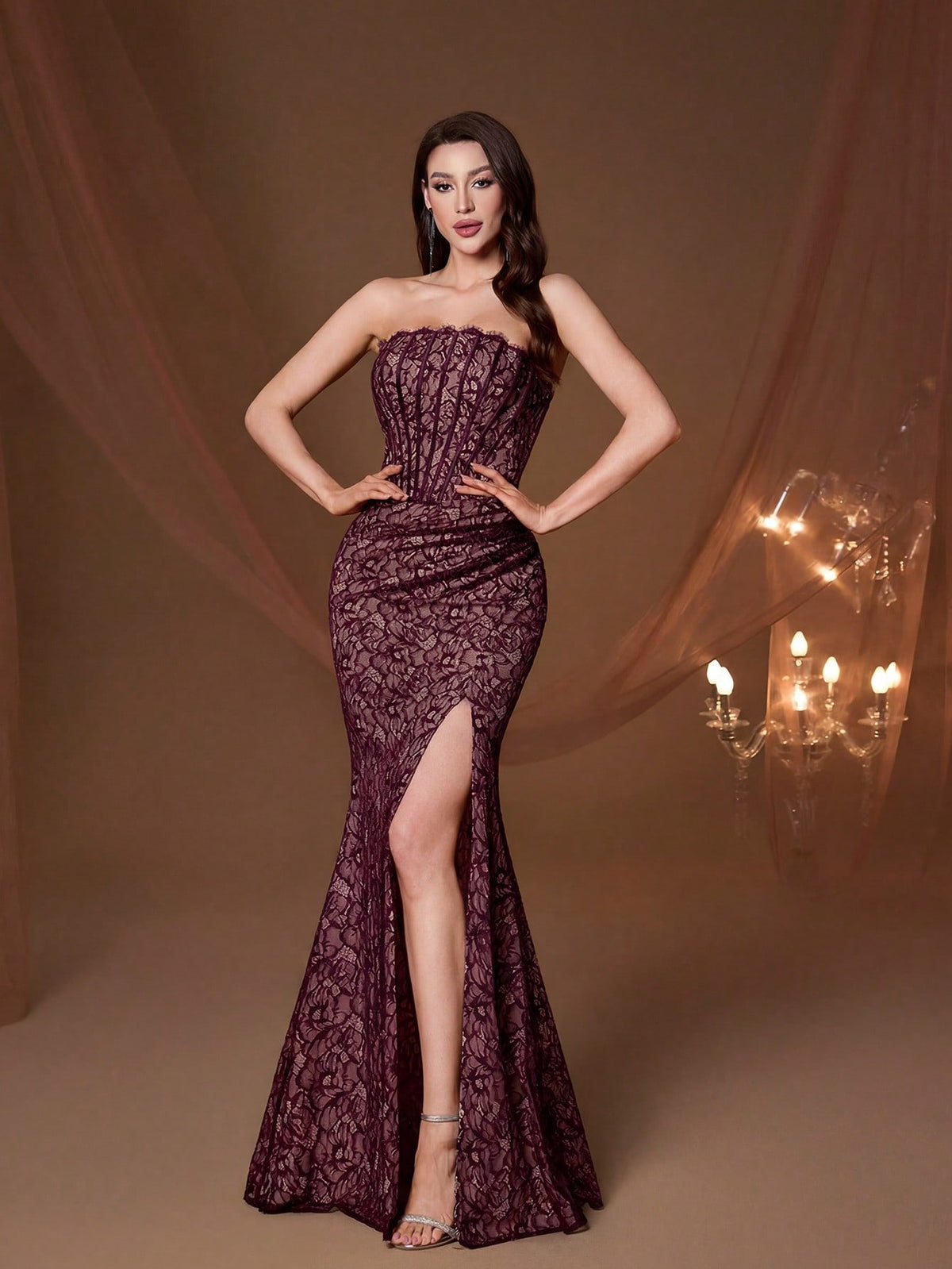 Elegant Strapless Corset Fitted Mermaid Evening Gown, Formal Wedding Guest Ball Party Holiday Outfit Fall