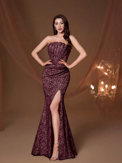 Elegant Strapless Corset Fitted Mermaid Evening Gown, Formal Wedding Guest Ball Party Holiday Outfit Fall