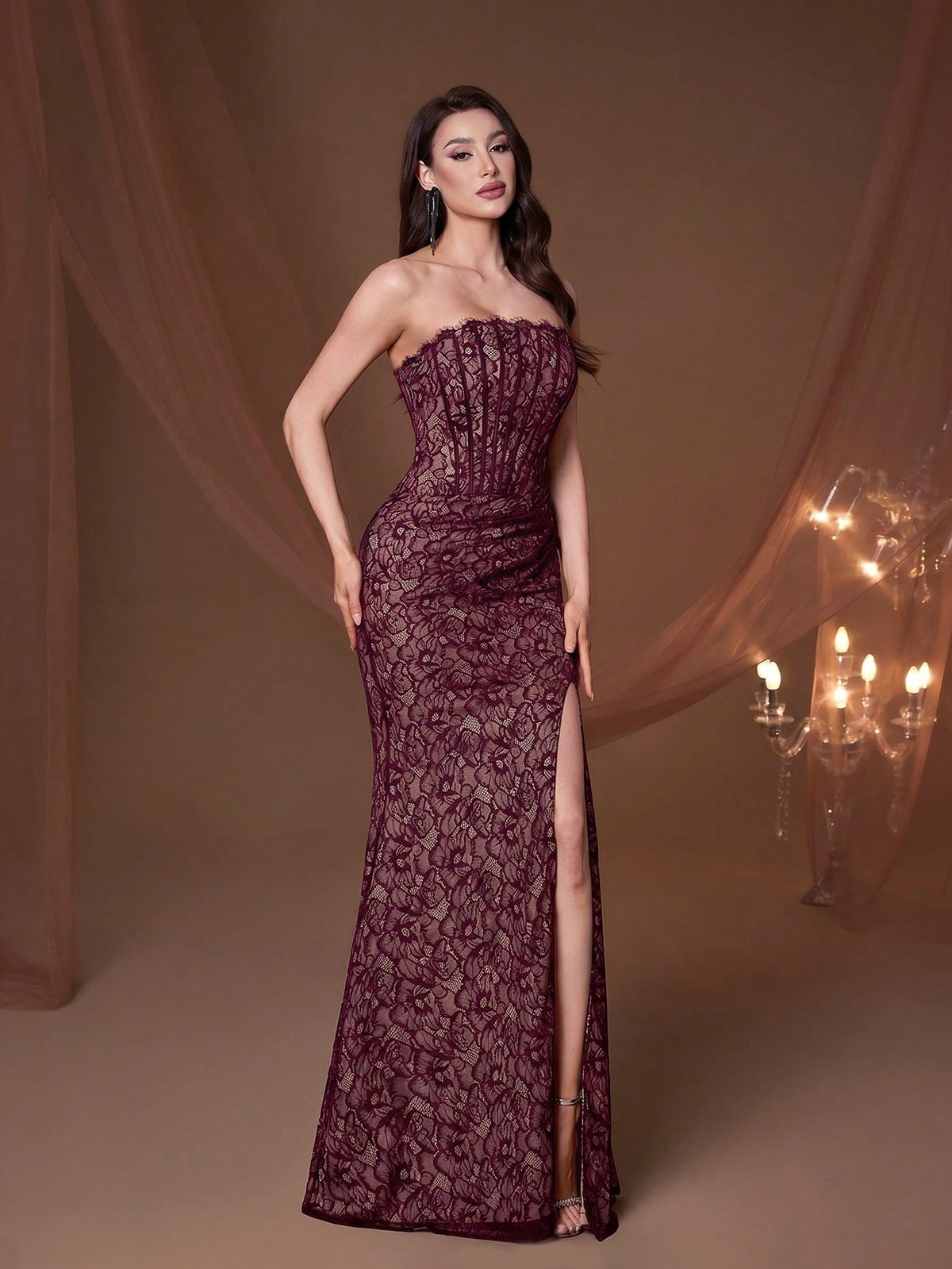 Elegant Strapless Corset Fitted Mermaid Evening Gown, Formal Wedding Guest Ball Party Holiday Outfit Fall