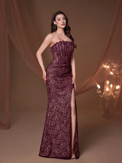 Elegant Strapless Corset Fitted Mermaid Evening Gown, Formal Wedding Guest Ball Party Holiday Outfit Fall