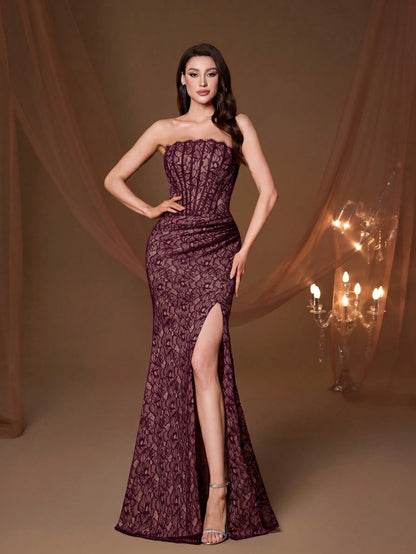 Elegant Strapless Corset Fitted Mermaid Evening Gown, Formal Wedding Guest Ball Party Holiday Outfit Fall