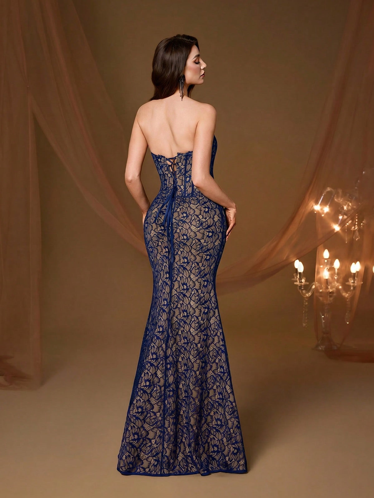 Elegant Strapless Corset Fitted Mermaid Evening Gown, Formal Wedding Guest Ball Party Holiday Outfit Fall