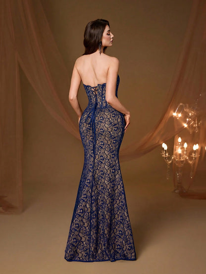 Elegant Strapless Corset Fitted Mermaid Evening Gown, Formal Wedding Guest Ball Party Holiday Outfit Fall