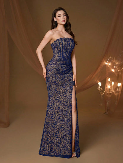 Elegant Strapless Corset Fitted Mermaid Evening Gown, Formal Wedding Guest Ball Party Holiday Outfit Fall