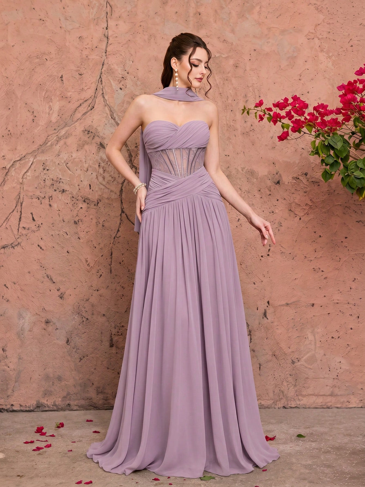 Summer Elegant Strapless Heart-Shaped Neckline Chiffon Maxi Dress, Sheer Lace Waist Bodice, Strapless Shawl, Suitable For Wedding Party Holiday Autumn